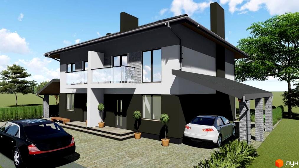 Зображення двоповерхового будинку в Котеджному містечку Щаслива Вулиця з припаркованими автомобілями та зеленими насадженнями.