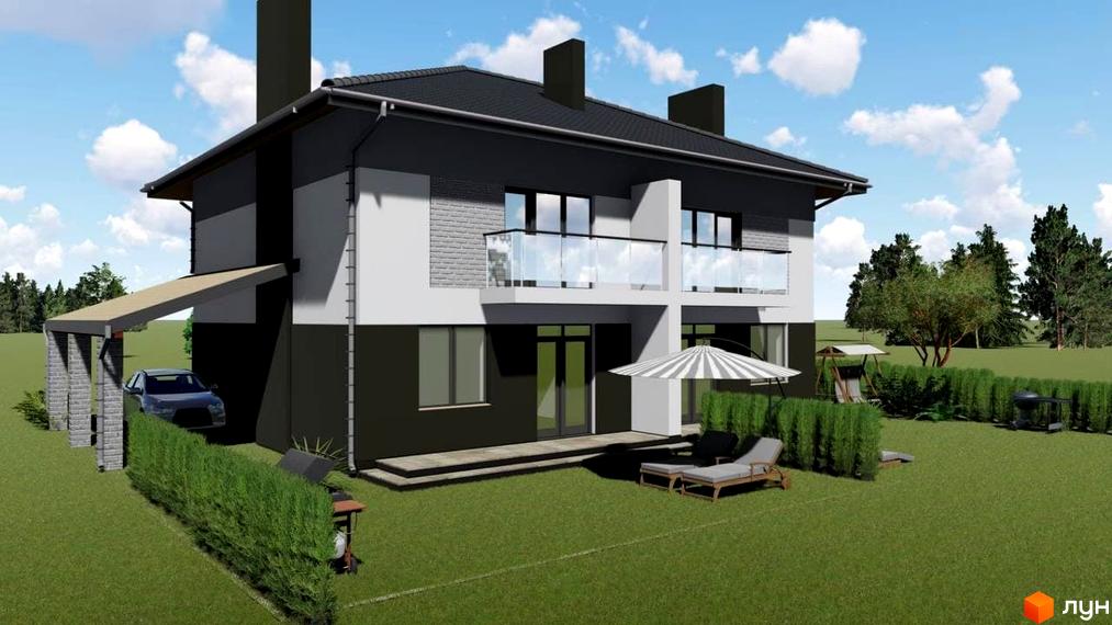 Котеджне містечко Щаслива Вулиця: двоповерховий будинок з навісом для авто та зоною відпочинку з шезлонгами і парасолькою.