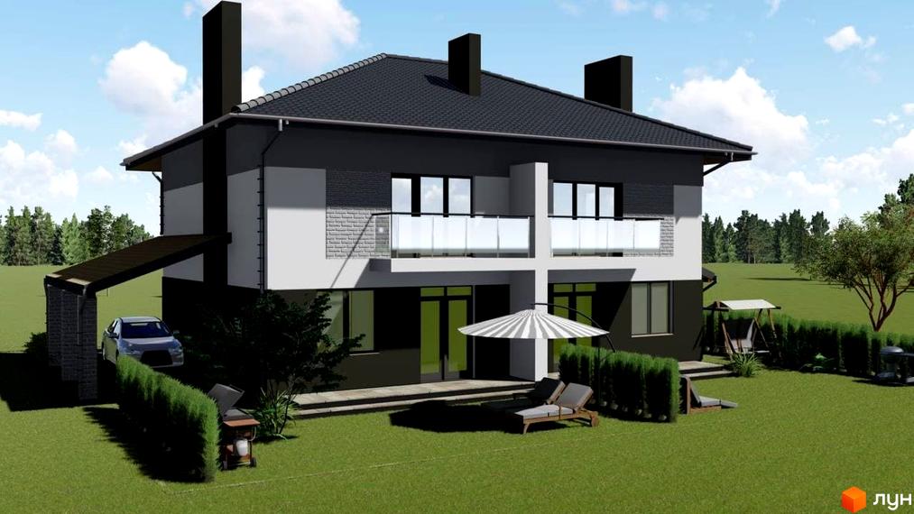 Котеджне містечко Щаслива Вулиця: двоповерховий будинок з балконами, навісом для авто та зоною відпочинку з парасолькою та шезлонгами.