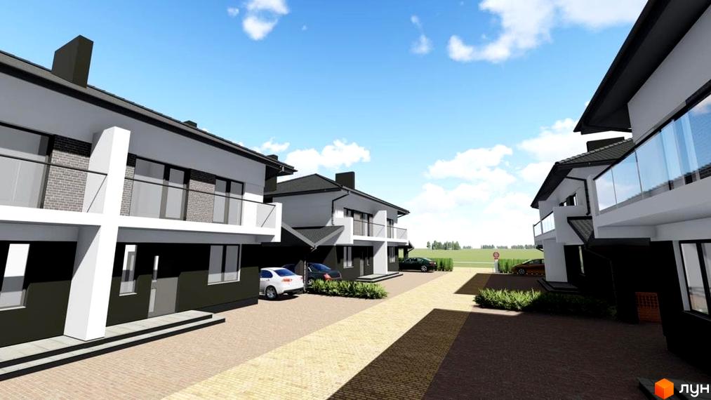 Зображення Котеджного містечка Щаслива Вулиця. Двоповерхові будинки з балконами та автомобілями на вимощеній бруківкою території.