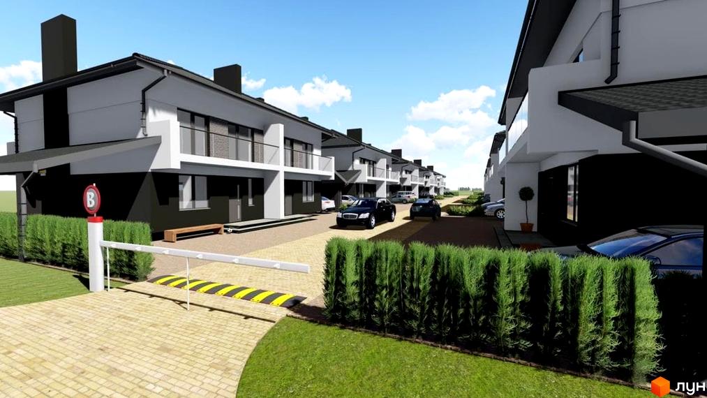 Зображення Котеджного містечка Щаслива Вулиця. Двоповерхові будинки з чорними дахами та білими стінами, перед будинками припарковані автомобілі.