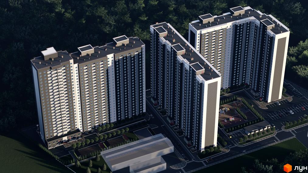 Житловий комплекс Деснянський з висоти пташиного польоту, що демонструє багатоповерхові будинки та прибудинкову територію з дитячим майданчиком та парковкою.