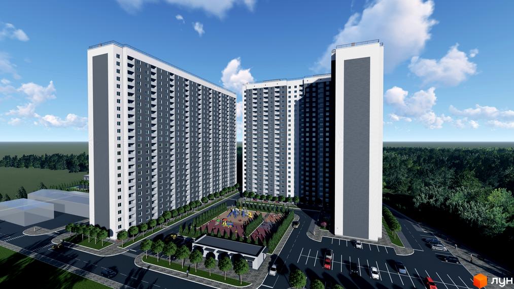 Зовнішній вигляд житлового комплексу Деснянський з двома висотними будинками, дитячим майданчиком та парковкою. Фото новобудови.