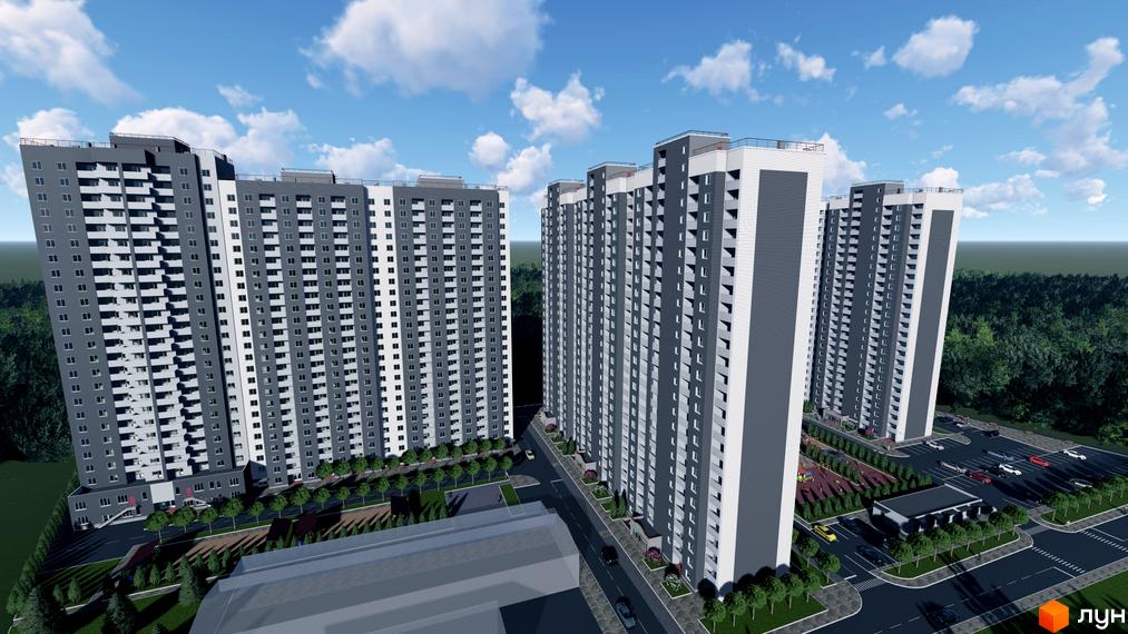 Вид на багатоповерхові будинки житлового комплексу Деснянський з фасадами сірого та білого кольору, прибудинкова територія з парковкою та дитячим майданчиком.