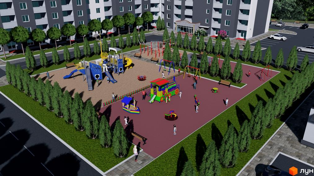 Зовнішній вигляд новобудови ЖК Деснянський з дитячим майданчиком та зеленими насадженнями. Територія комплексу облаштована для відпочинку.
