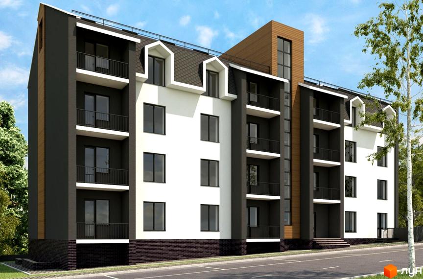 Зображення фасаду Житлового комплексу Luka City з балконами та мансардними вікнами. Навколо асфальтована дорога та зелені насадження.