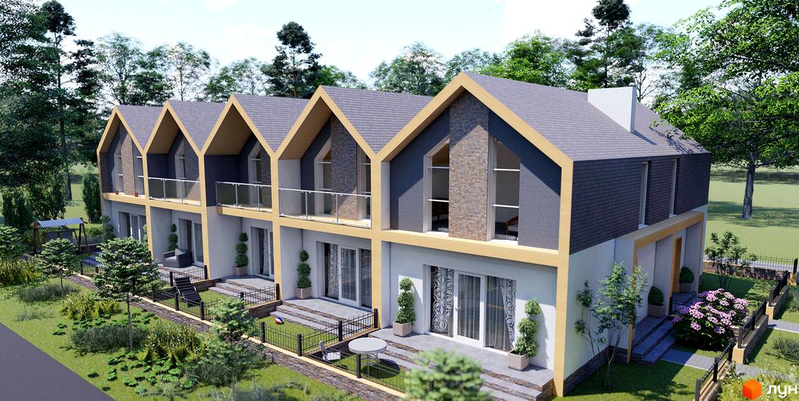 Зображення таунхаусів у Житловому комплексі Green Grove з сірими дахами та великими вікнами, оточених зеленою прибудинковою територією.