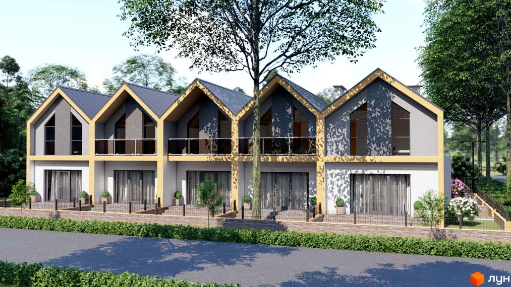 Зображення фасаду таунхаусів Green Grove. Двоповерхові будинки з великими вікнами та зеленими насадженнями перед ними.