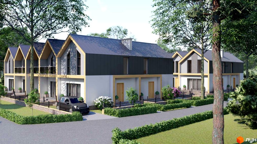 Таунхауси Green Grove – це двоповерхові будинки з темним металевим дахом та світлими фасадами, розташовані серед дерев. Біля будинків облаштована прибудинкова територія з доглянутими газонами та кущами.