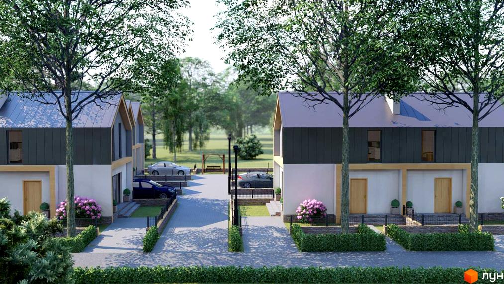 Зображення таунхаусів Green Grove з двома поверхами та сірим дахом. Навколо будинків зелені насадження та дерева.