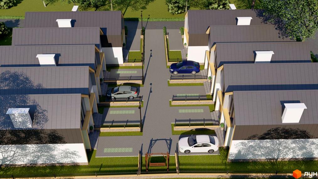 Таунхауси Green Grove: вид зверху на сірі дахи та фасади будинків, з прибудинковою територією, парковкою та зеленими насадженнями.