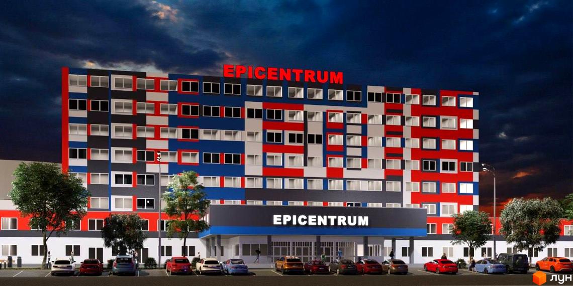 Зовнішній вигляд БФК EPICENTRUM з фасадом у червоно-синьо-сірих тонах та парковкою з автомобілями біля входу.