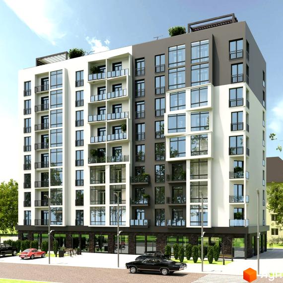 Зовнішній вигляд новобудови ЖК Сонячна Долина з великою кількістю скління та балконів. Перед будинком розташована прибудинкова територія з деревами та автомобілями.