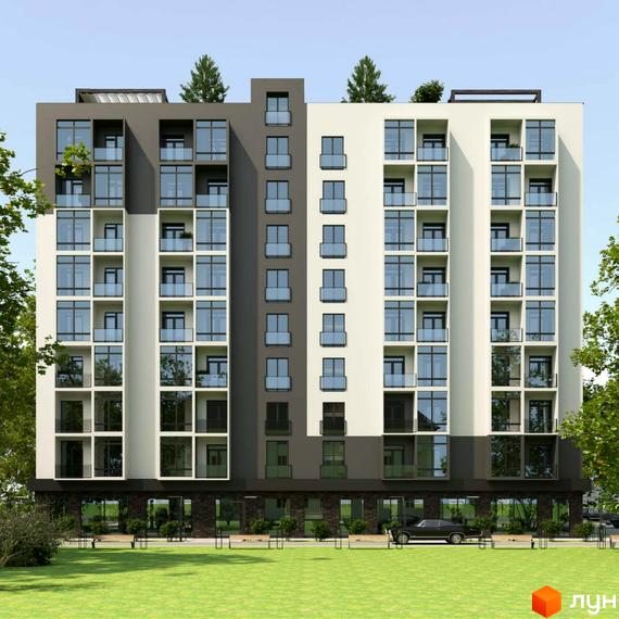 Новобудова Сонячна Долина: багатоповерхова будівля з комбінованим фасадом, великими вікнами та скляними балконами. Перед будинком розташований зелений газон з лавками та деревами.