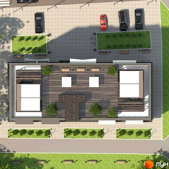 Вид зверху на житловий комплекс Сонячна Долина з терасою, зонами відпочинку та паркуванням. Тераса має дерев'яне покриття, білі навіси та зелені насадження.