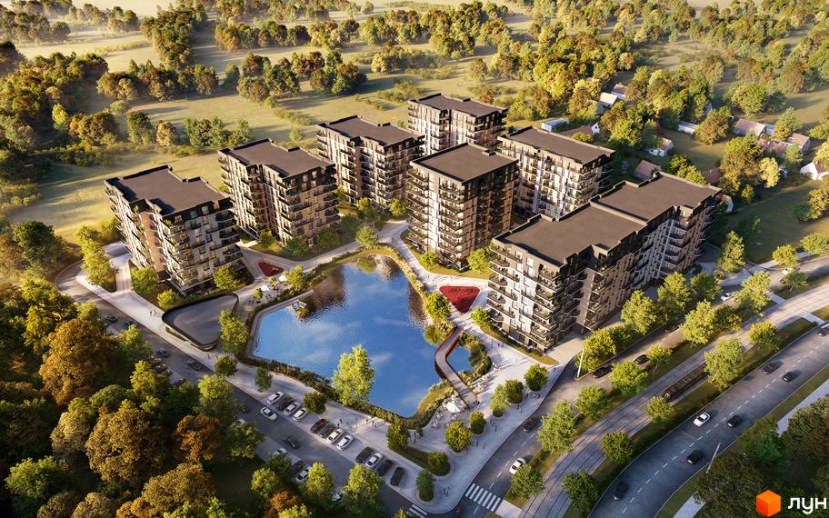 Житловий комплекс Dream Lake з озером та доглянутою прибудинковою територією. Сучасна архітектура будинків оточена зеленню та зонами відпочинку.