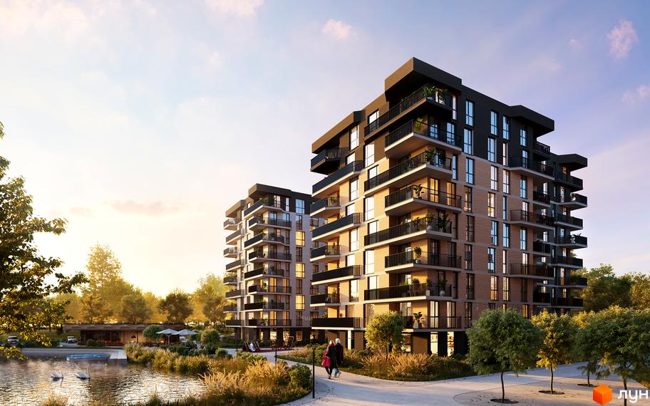 Житловий комплекс Dream Lake з цегляним фасадом, балконами та зеленими деревами біля озера. Сучасна архітектура та доглянута територія біля води.
