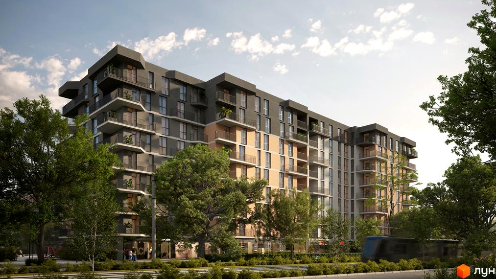 Новобудова ЖК Dream Lake з цегляним та сірим фасадом, балконами та зеленими деревами навколо. На прибудинковій території видно тротуар та дорогу.