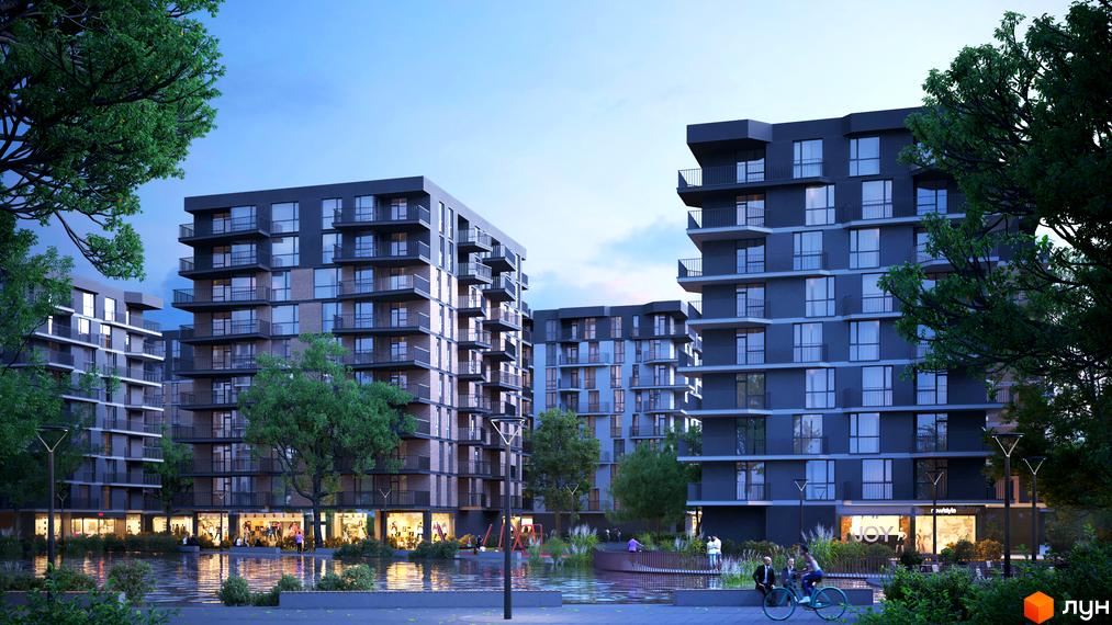 Житловий комплекс Dream Lake з темними фасадами та балконами, що виходить на водну гладь та зелену зону відпочинку.