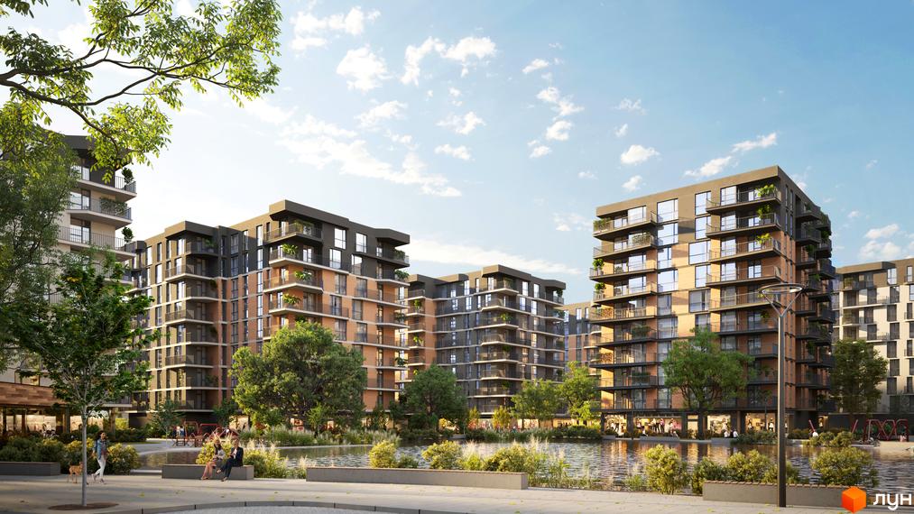 Зображення Житлового комплексу Dream Lake з видом на багатоповерхові будинки та зелену прибудинкову територію з озером.