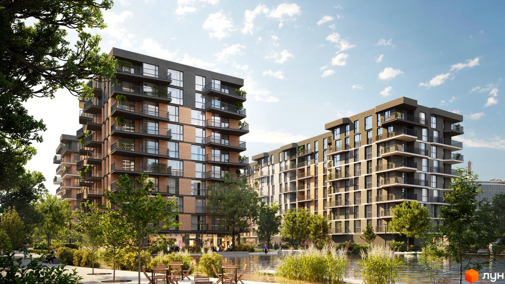Зображення будинків Житлового комплексу Dream Lake з великими вікнами та балконами. Навколо новобудови зелена територія з деревами та водоймою.
