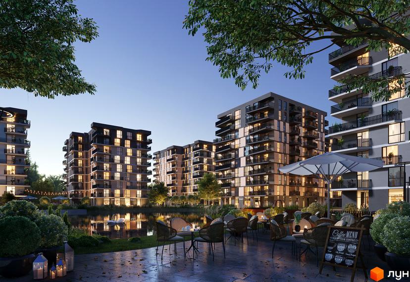 Зображення житлового комплексу Dream Lake з виглядом на багатоповерхові будинки та прибудинкову територію з озером і кафе.