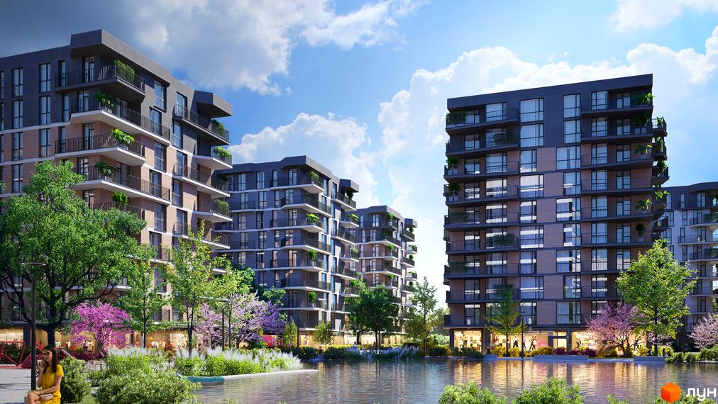 Зображення Житлового комплексу Dream Lake з багатоповерховими будинками та великим озером на передньому плані. Навколо будівель зелені насадження.