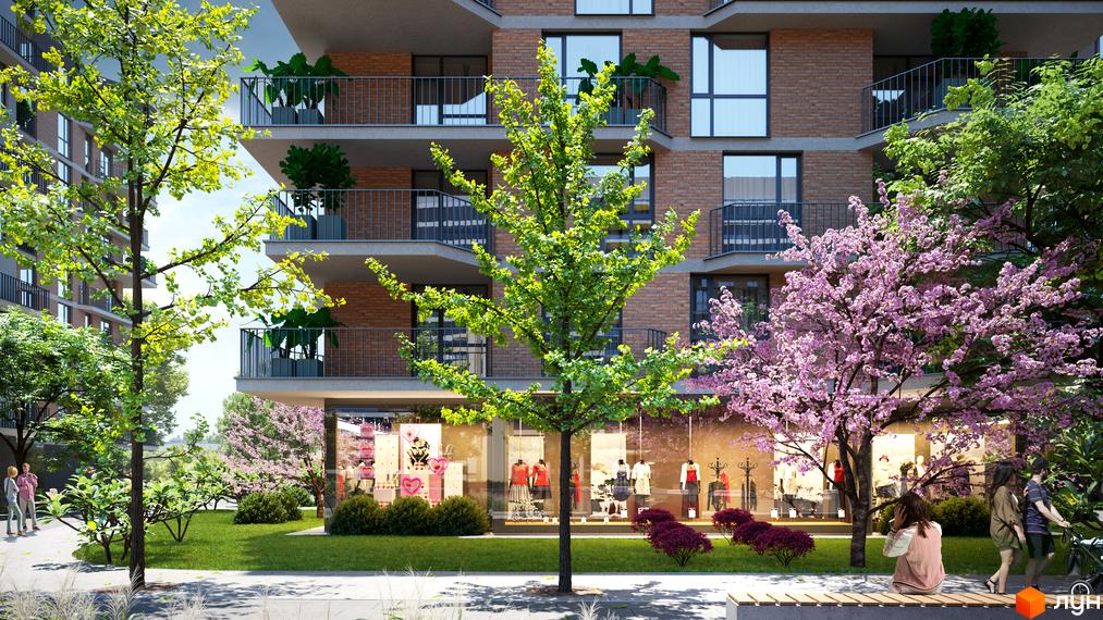 Зображення фасаду та прибудинкової території Житлового комплексу Dream Lake. На передньому плані дерева з рожевими квітами.