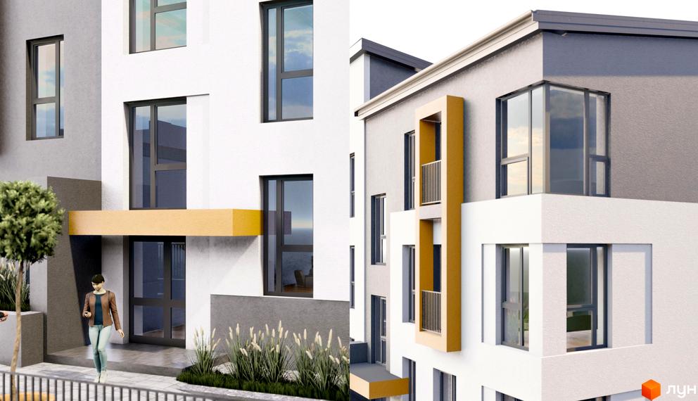 Зображення фасаду Новобудови Smart з великими вікнами та жовтими декоративними елементами. Перед будинком зелені насадження та пішохідна зона.