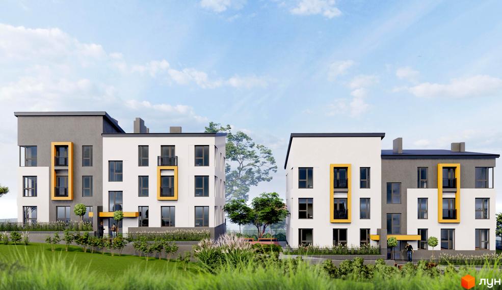 Зовнішній вигляд новобудови ЖК Smart з білими та сірими фасадами, жовтими акцентами та балконами. Територія навколо будинку озеленена з доглянутими газонами та кущами.