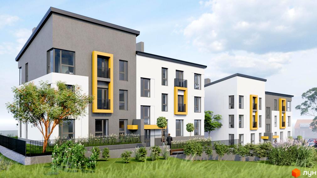 Зображення фасаду Житлового комплексу Smart з жовтими вставками та прибудинковою територією з газоном і декоративними кущами.