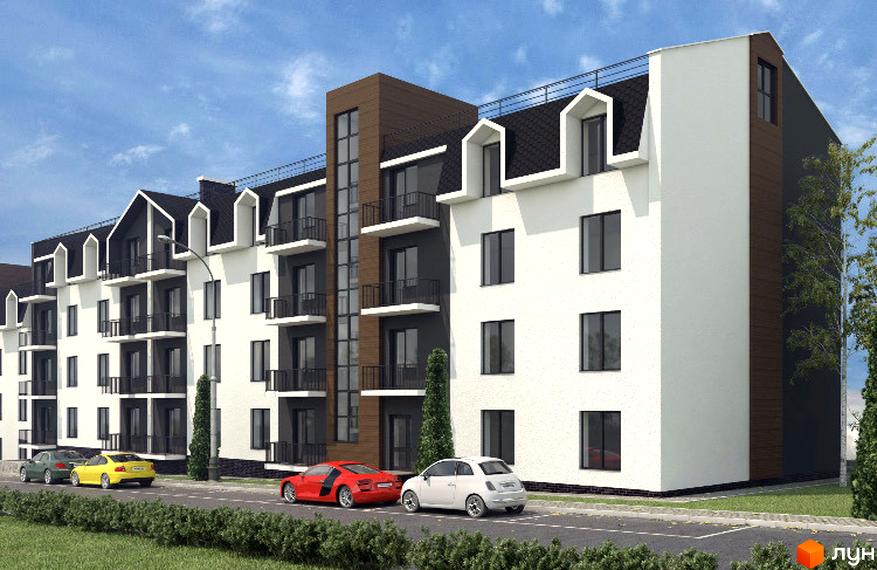 Зображення фасаду та прибудинкової території Житлового комплексу Luka City. На передньому плані автомобілі та зелені насадження.