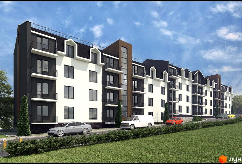 Зображення фасаду Житлового комплексу Luka City. Багатоповерховий будинок з балконами та прибудинковою територією.