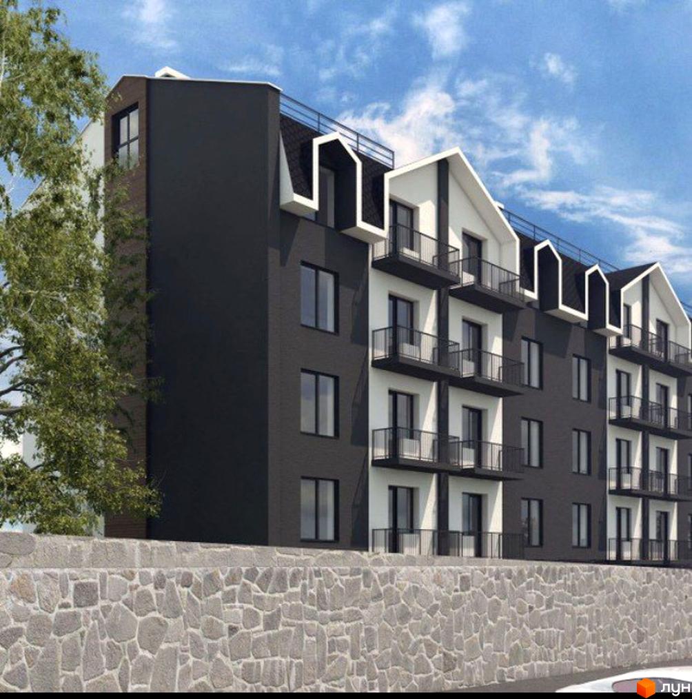 Зображення фасаду Житлового комплексу Luka City. Багатоповерховий будинок з балконами та оздобленою каменем прибудинковою територією.