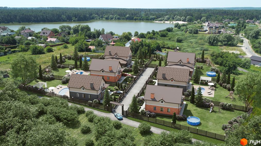 Котеджне містечко КМ Waterside: двоповерхові будинки з цегляними фасадами та коричневими дахами, приватними басейнами та зеленими зонами відпочинку.