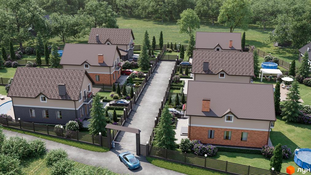 Зображення житлового будинку в Котеджному містечку Waterside. Будинок з коричневою черепицею, цегляною кладкою та доглянутою прибудинковою територією з басейном.