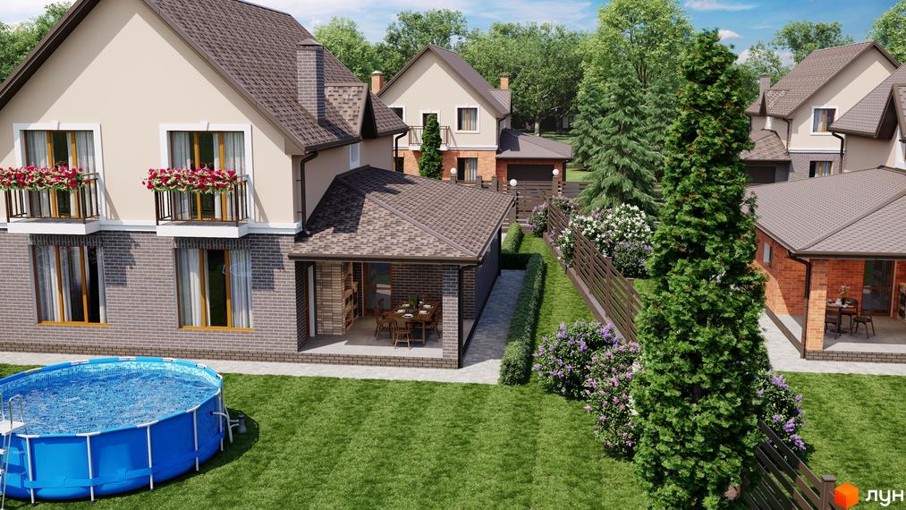 Котеджне містечко КМ Waterside: двоповерхові будинки з цегли та штукатурки, балконами з квітами, навісом для авто та зоною відпочинку. На території зелений газон, басейн та дерева.