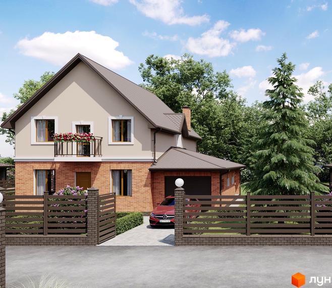 Двоповерховий будинок з коричневою черепицею та цегляною кладкою. Перед будинком розташована територія з парканом та заїздом для авто, на подвір'ї ростуть дерева.