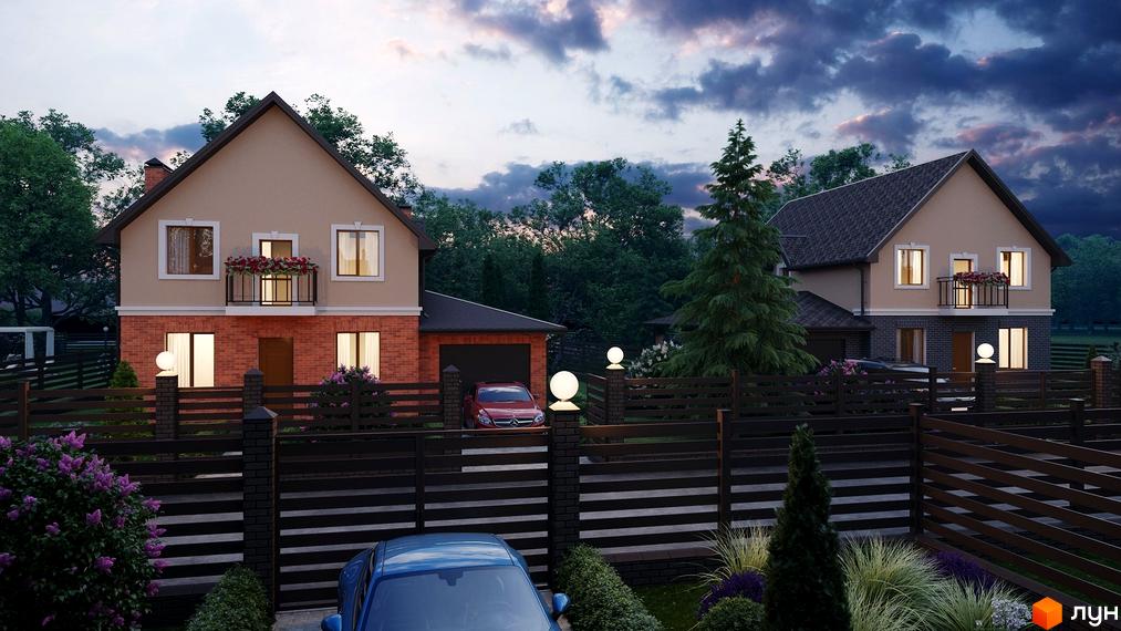 Котеджне містечко КМ Waterside: двоповерхові будинки з цегляним цоколем, балконами та доглянутою прибудинковою територією з парканом та освітленням.