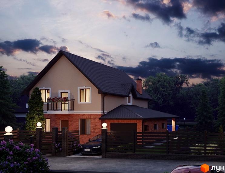 Двоповерховий будинок з червоної цегли та світлою штукатуркою, з балконом та гаражем. На території котеджного містечка КМ Waterside є паркан та вуличне освітлення.