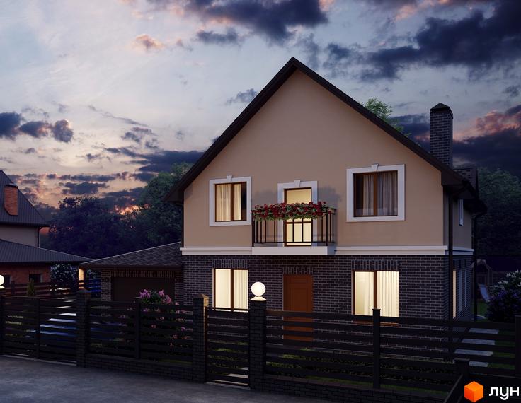 Двоповерховий будинок в КМ Waterside з цегляною кладкою та кованим парканом. На території є ліхтарі та зелені насадження.