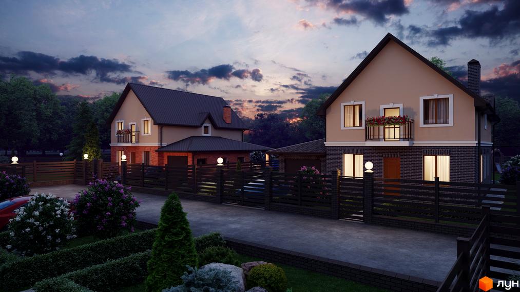 Котеджний комплекс Waterside. Двоповерхові будинки з коричневою черепицею та цегляною кладкою. На території є паркан, ліхтарі та зелені насадження.