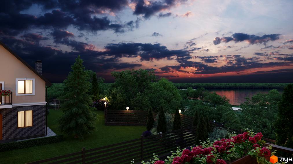 Зображення будинку в Котеджному комплексі Waterside з видом на річку. На території будинку є газон, дерева та квіти, а також декоративне освітлення.