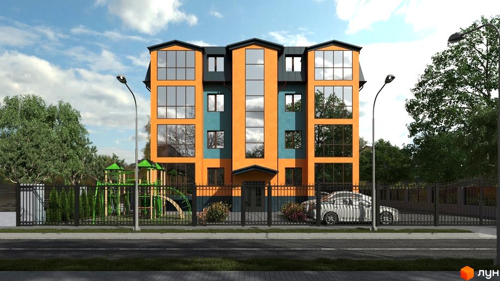 Зовнішній вигляд новобудови на вул. Степана Бандери (Можайського), 37 з дитячим майданчиком та парковкою. Оранжево-блакитний фасад будинку з великими вікнами.