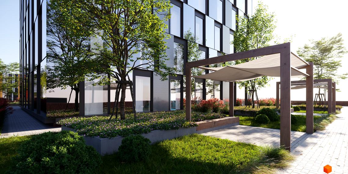 БФК MAYAK: сучасна архітектура будівлі з панорамним склінням та зеленою прибудинковою територією з альтанками.