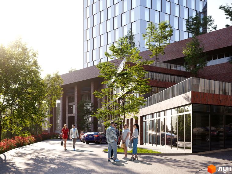 Зовнішній вигляд будівлі БФК MAYAK з скляним фасадом та терасами, прибудинкова територія з деревами та людьми.