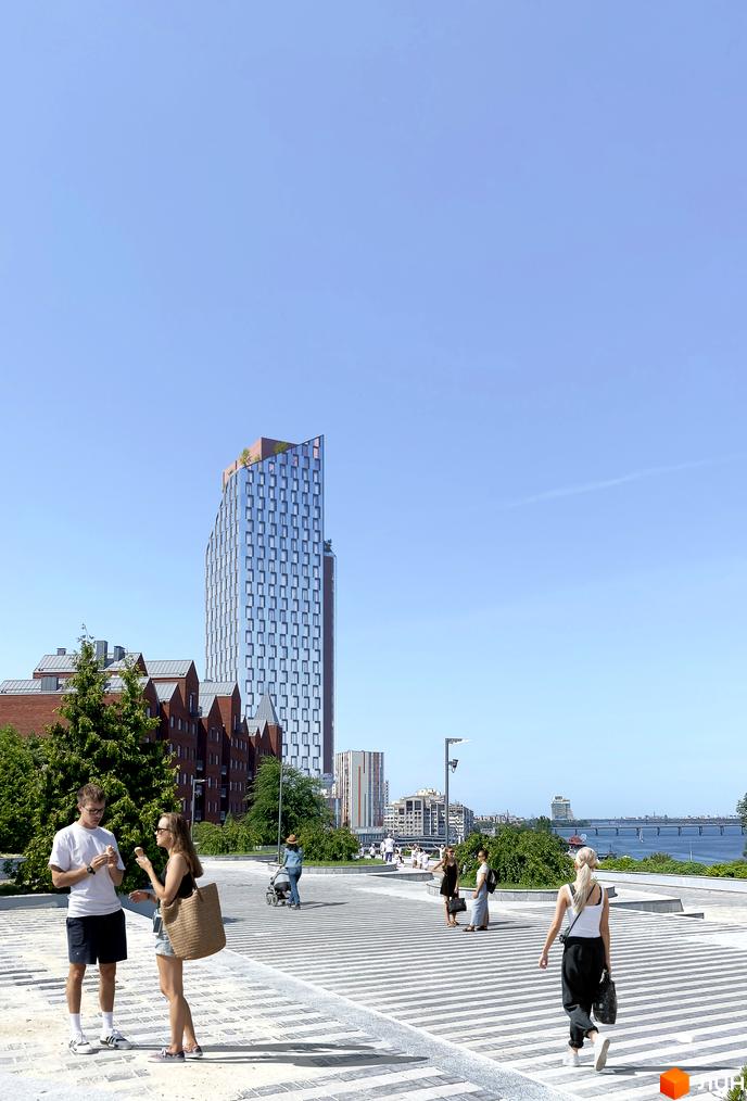 Висотна будівля БФК MAYAK з скляним фасадом на тлі блакитного неба. На передньому плані люди гуляють на площі з біло-сірою плиткою.