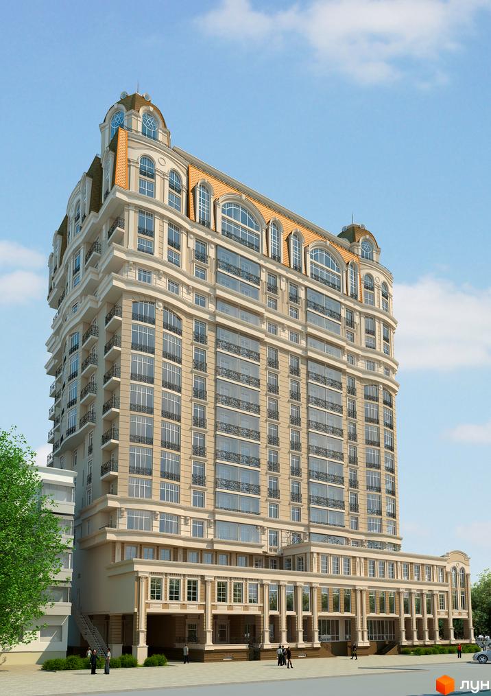 Висотна будівля ЖК Бельетаж з великою кількістю вікон та балконів. На першому поверсі розташовані колони та вхідна група, поруч зелені насадження.