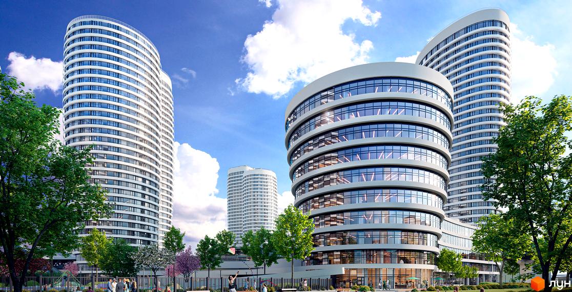 Житловий комплекс OASIS з білими округлими фасадами та великими вікнами, оточений зеленню та зонами відпочинку для мешканців.