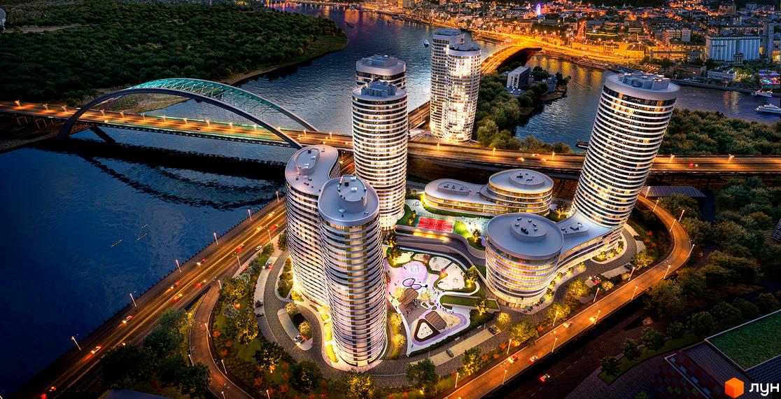 Житловий комплекс OASIS з футуристичними хмарочосами та вигнутими будівлями біля річки та мосту.